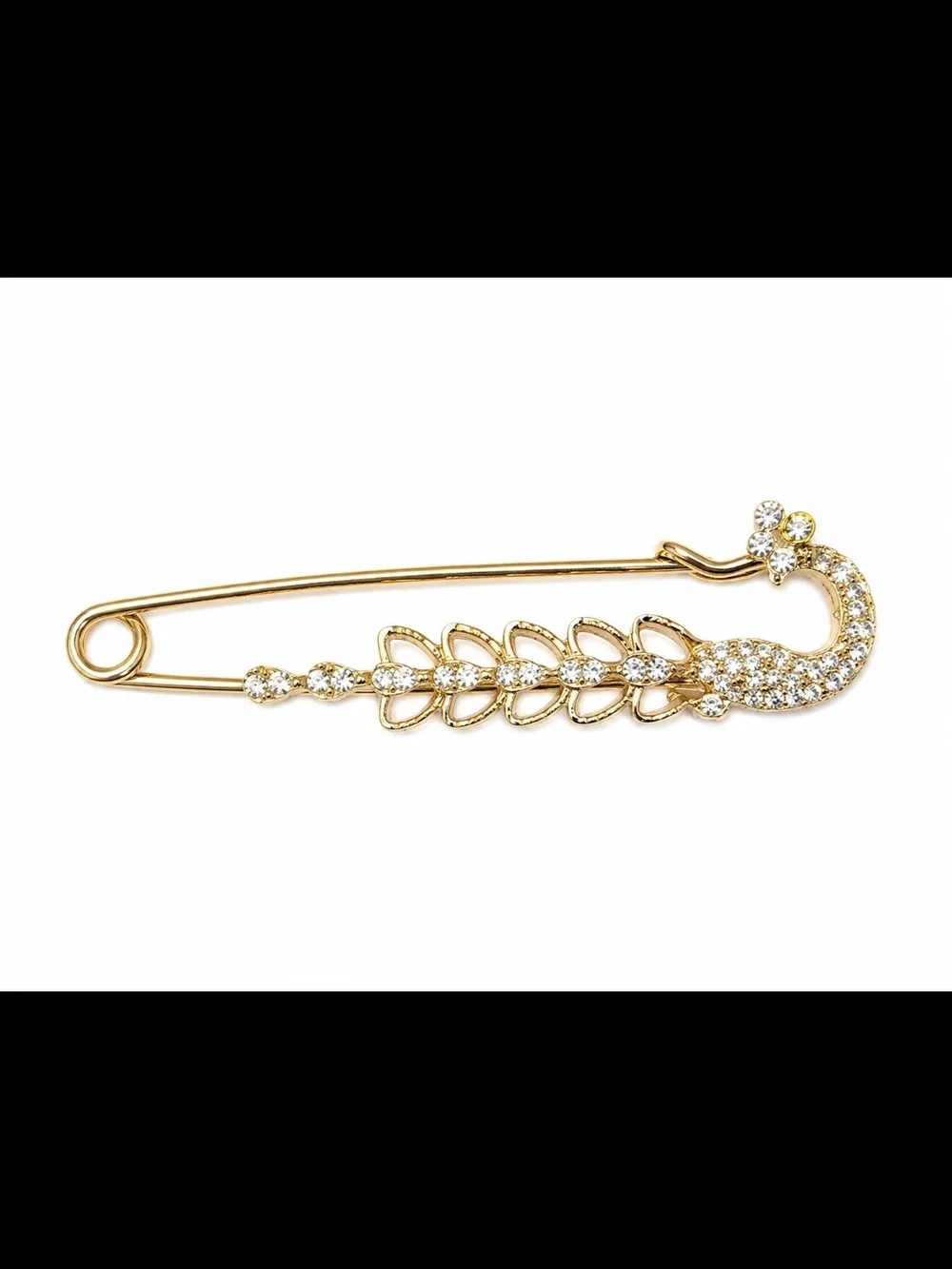 Gold Tone Rhinestone Peacock Safety Style Pin Brooch Statement Jewelry